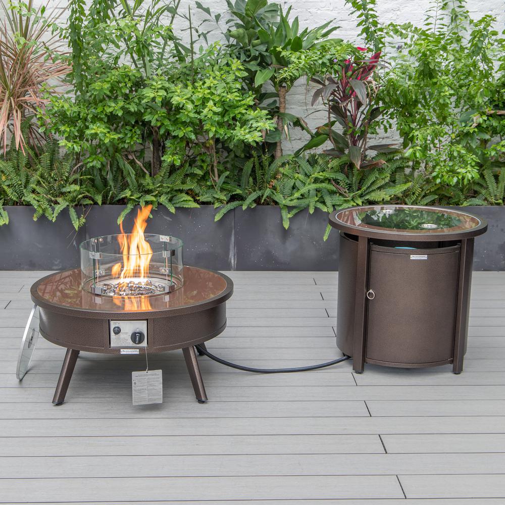 LeisureMod Walbrooke Modern Brown Patio Conversation With Round Fire Pit & Tank Holder, Grey. Picture 5