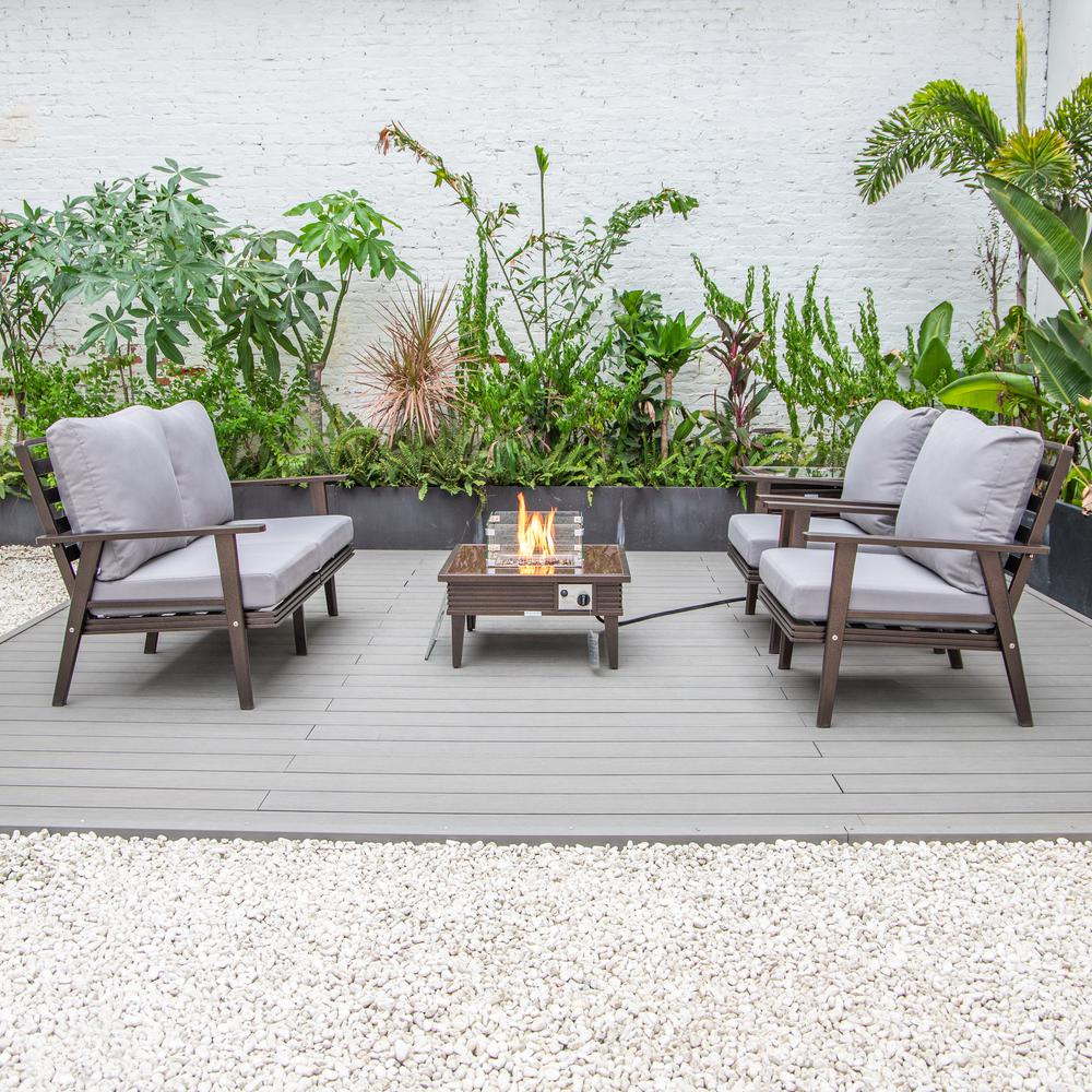 LeisureMod Walbrooke Modern Brown Patio Conversation With Square Fire Pit With Slats Design & Tank Holder, Grey. Picture 9