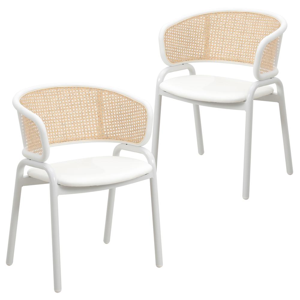 Dining Chair with White Powder Coated Steel Legs and Wicker Back, Set of 2. Picture 1
