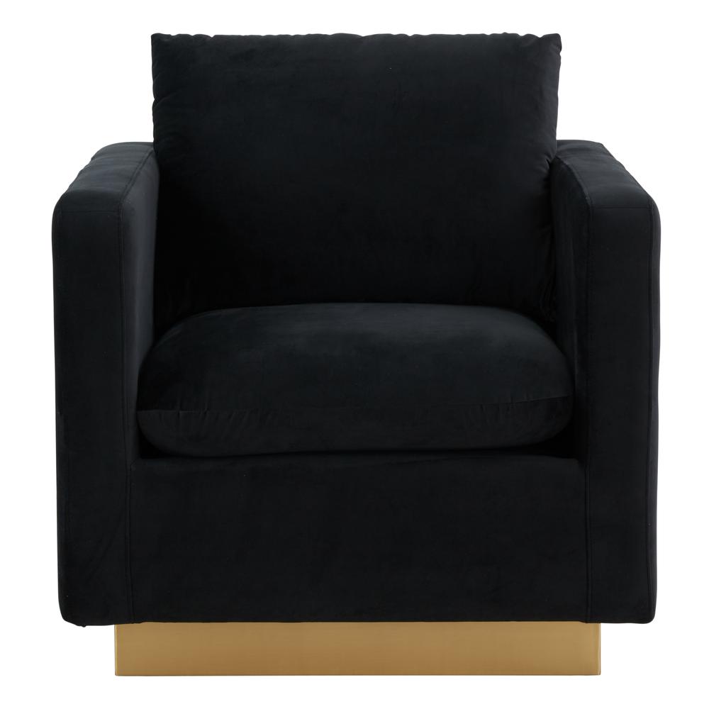 LeisureMod Nervo Velvet Accent Armchair With Gold Frame, Midnight Black. Picture 2