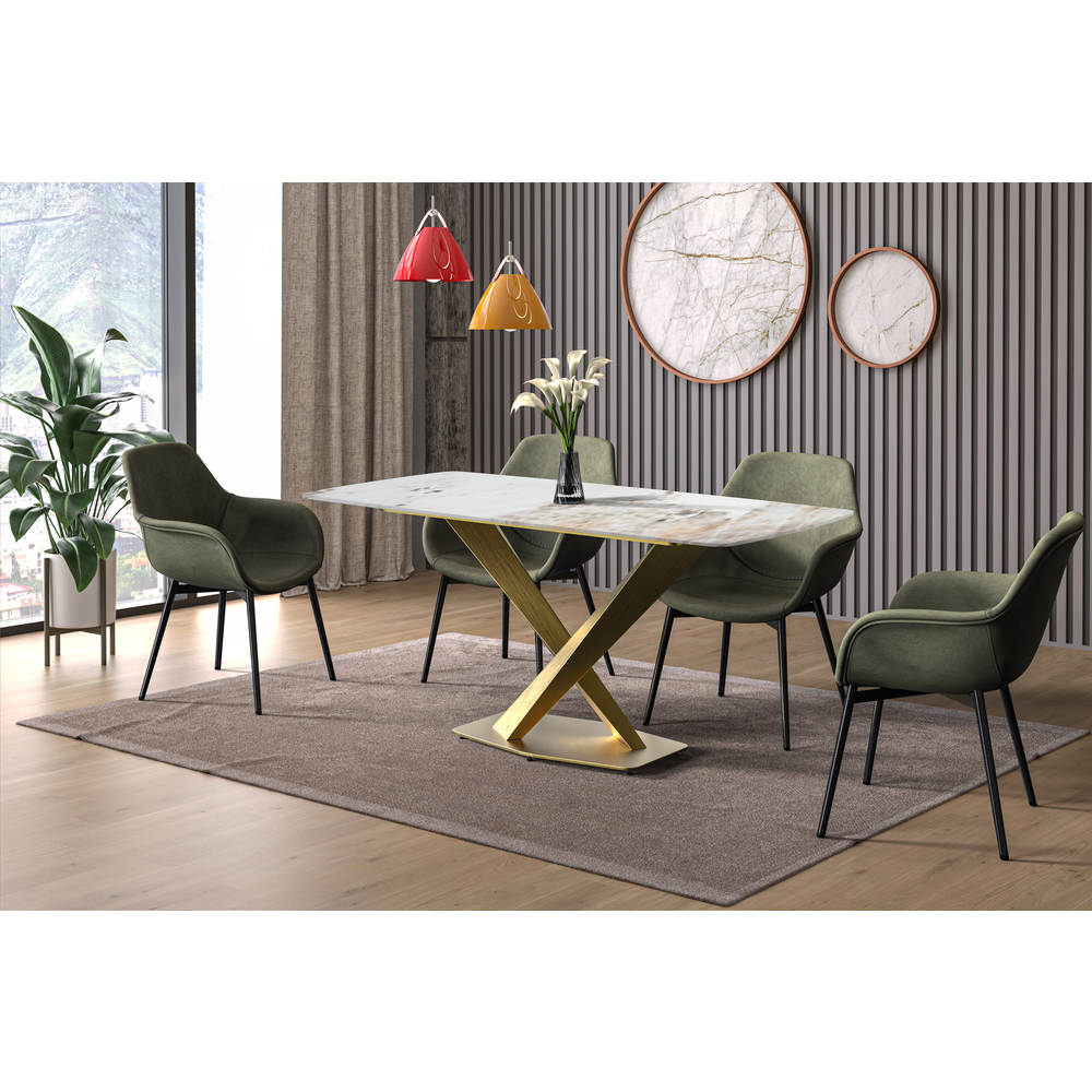 Modern Dining Table Gold Base, With 55" White Grey Sintered Stone Top. Picture 5