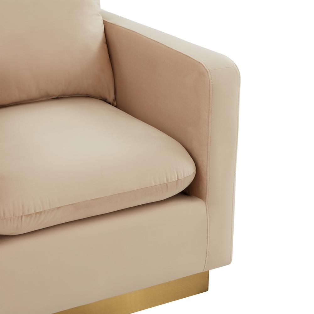 LeisureMod Nervo Velvet Accent Armchair With Gold Frame, Beige. Picture 3