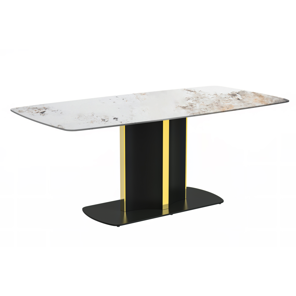 Modern Dining Table Black and Gold Base, With 55 White Grey Sintered Stone Top. Picture 4