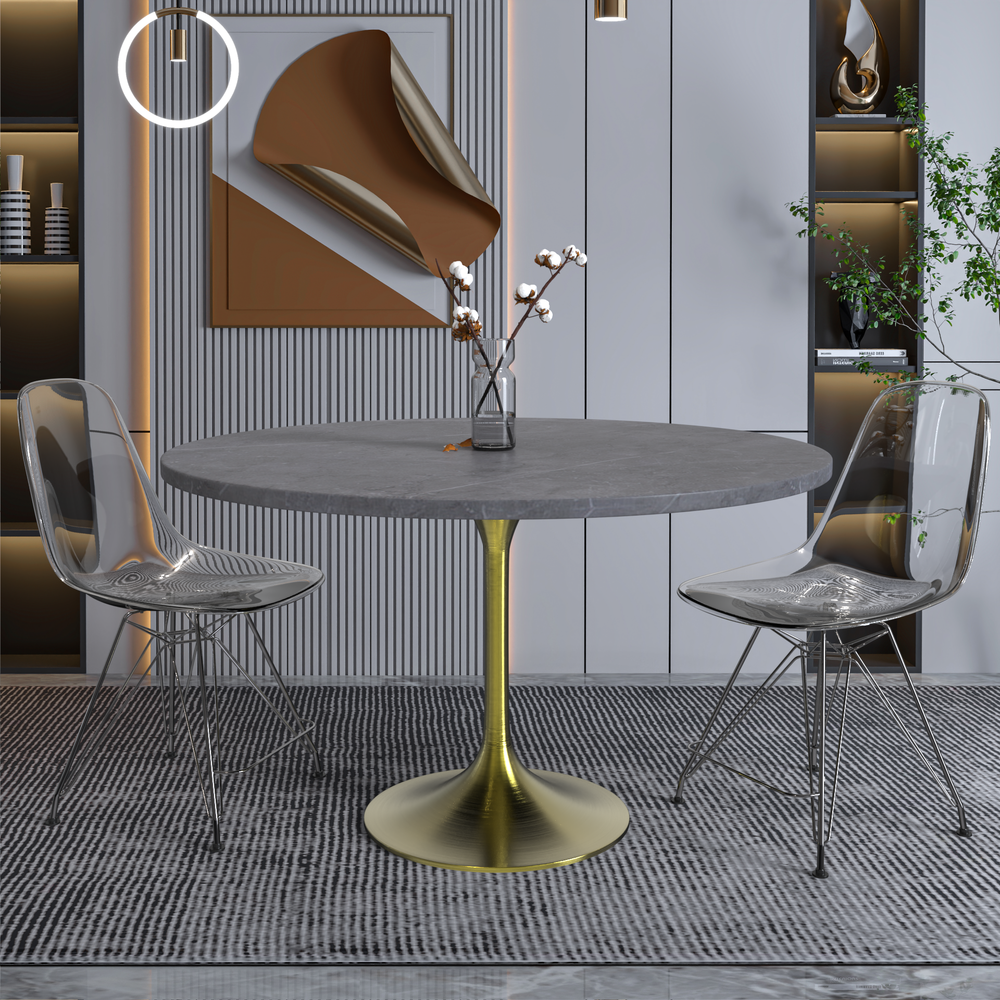 48 Round Dining Table, Brushed Gold Base with Sintered Stone Grey Top. Picture 6