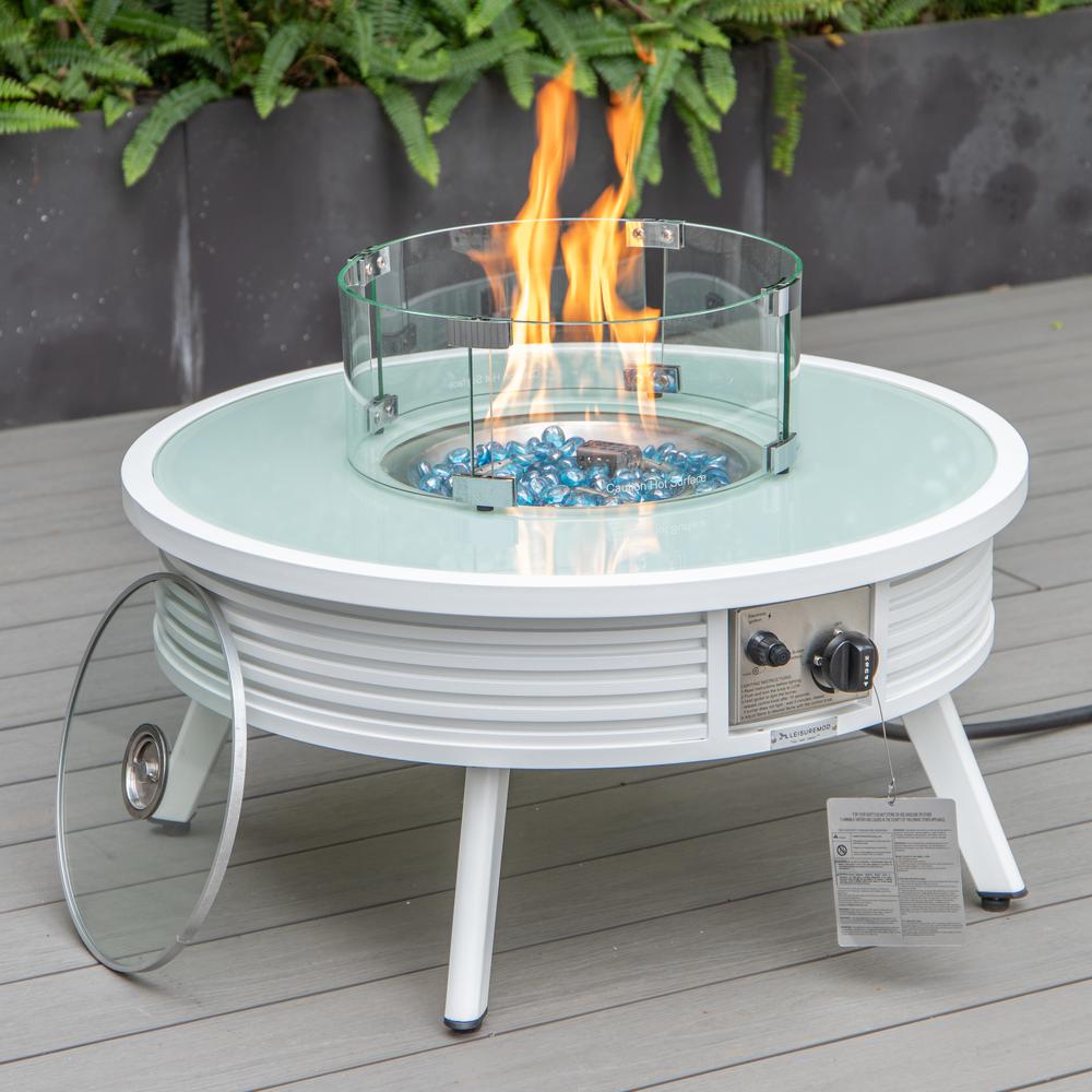 LeisureMod Walbrooke Modern White Patio Conversation With Round Fire Pit With Slats Design & Tank Holder, Light Grey. Picture 4