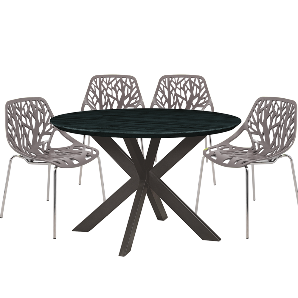 5-Piece Metal Dining Set with 4 Stackable Plastic Chairs and Round Wood Table. Picture 1