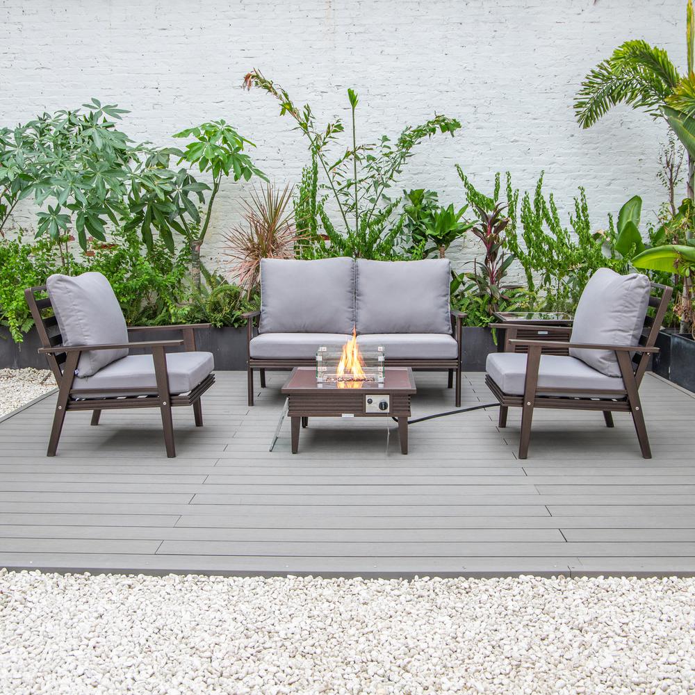 LeisureMod Walbrooke Modern Brown Patio Conversation With Square Fire Pit With Slats Design & Tank Holder, Grey. Picture 8