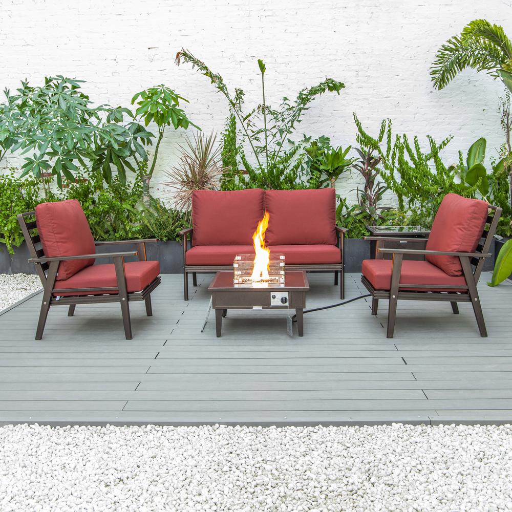 LeisureMod Walbrooke Modern Brown Patio Conversation With Square Fire Pit & Tank Holder, Red. Picture 7