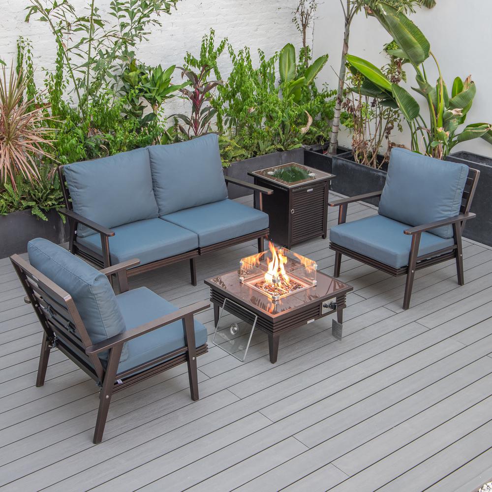 LeisureMod Walbrooke Modern Brown Patio Conversation With Square Fire Pit With Slats Design & Tank Holder, Navy Blue. Picture 1