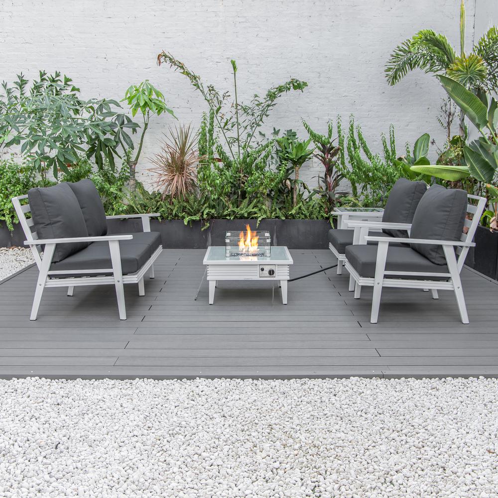 LeisureMod Walbrooke Modern White Patio Conversation With Square Fire Pit With Slats Design & Tank Holder, Charcoal. Picture 9