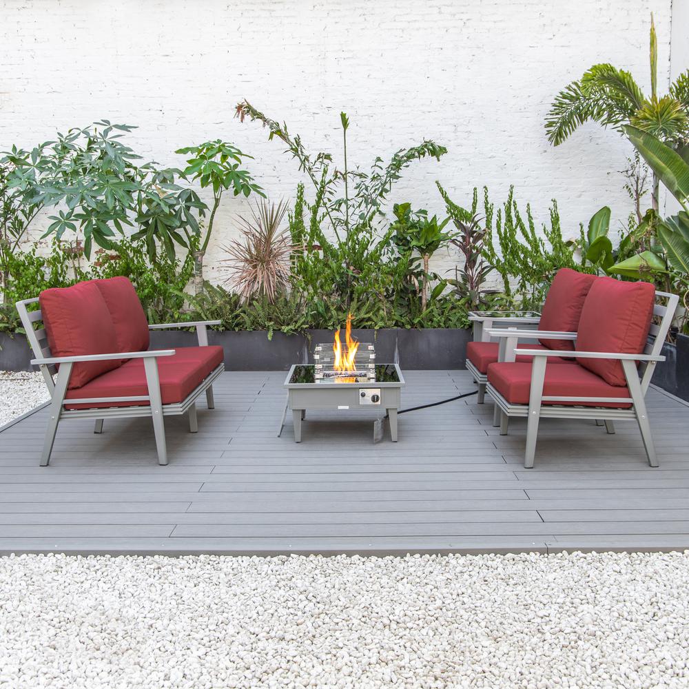 LeisureMod Walbrooke Modern Grey Patio Conversation With Square Fire Pit & Tank Holder, Red. Picture 7