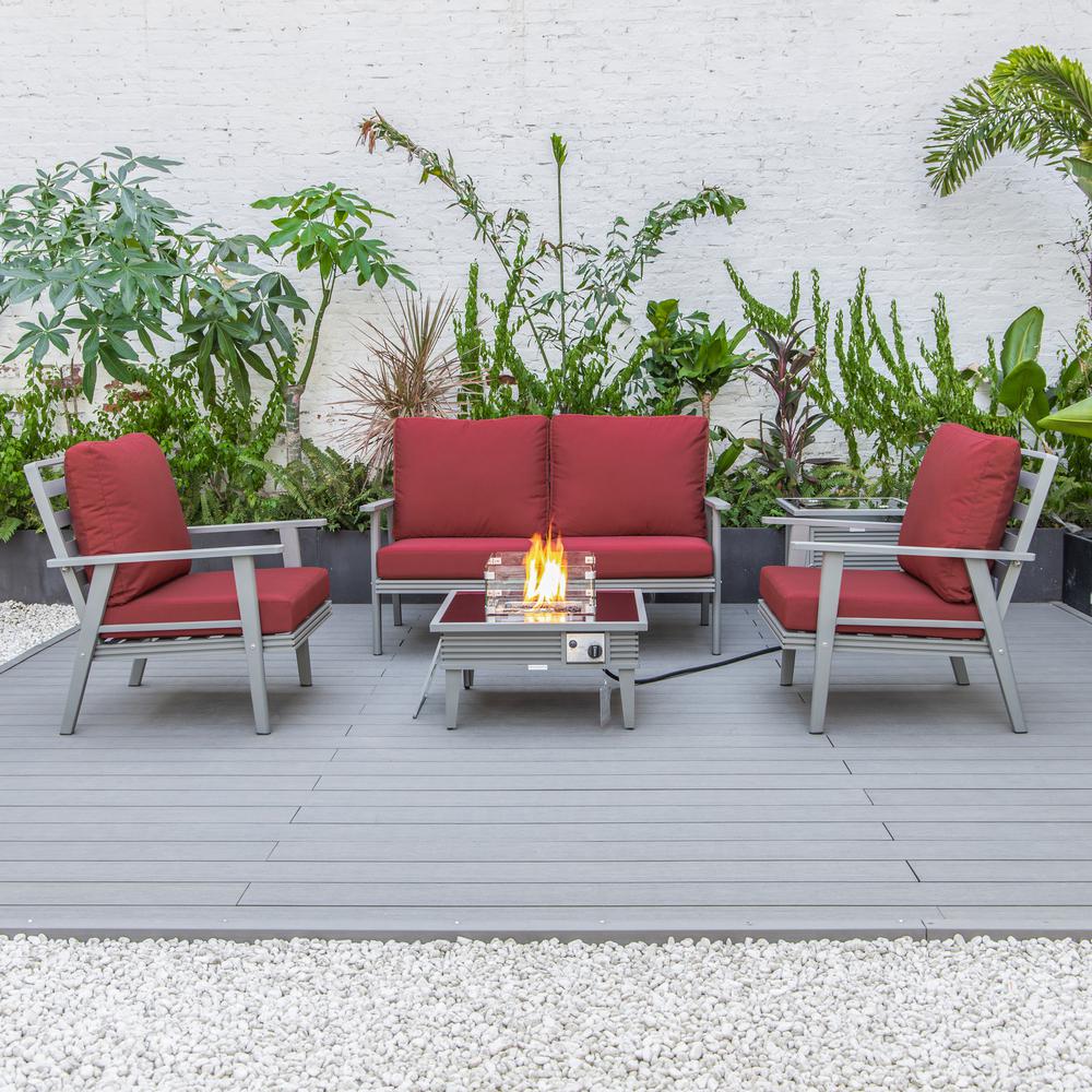 LeisureMod Walbrooke Modern Grey Patio Conversation With Square Fire Pit With Slats Design & Tank Holder, Red. Picture 9