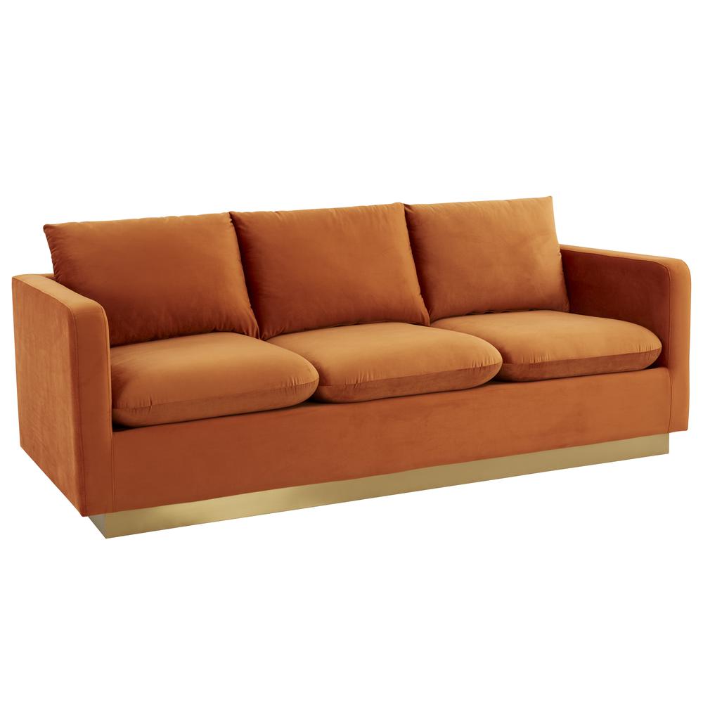 LeisureMod Nervo Modern Mid-Century Upholstered Velvet Sofa with Gold Frame, Orange Marmalade. Picture 2