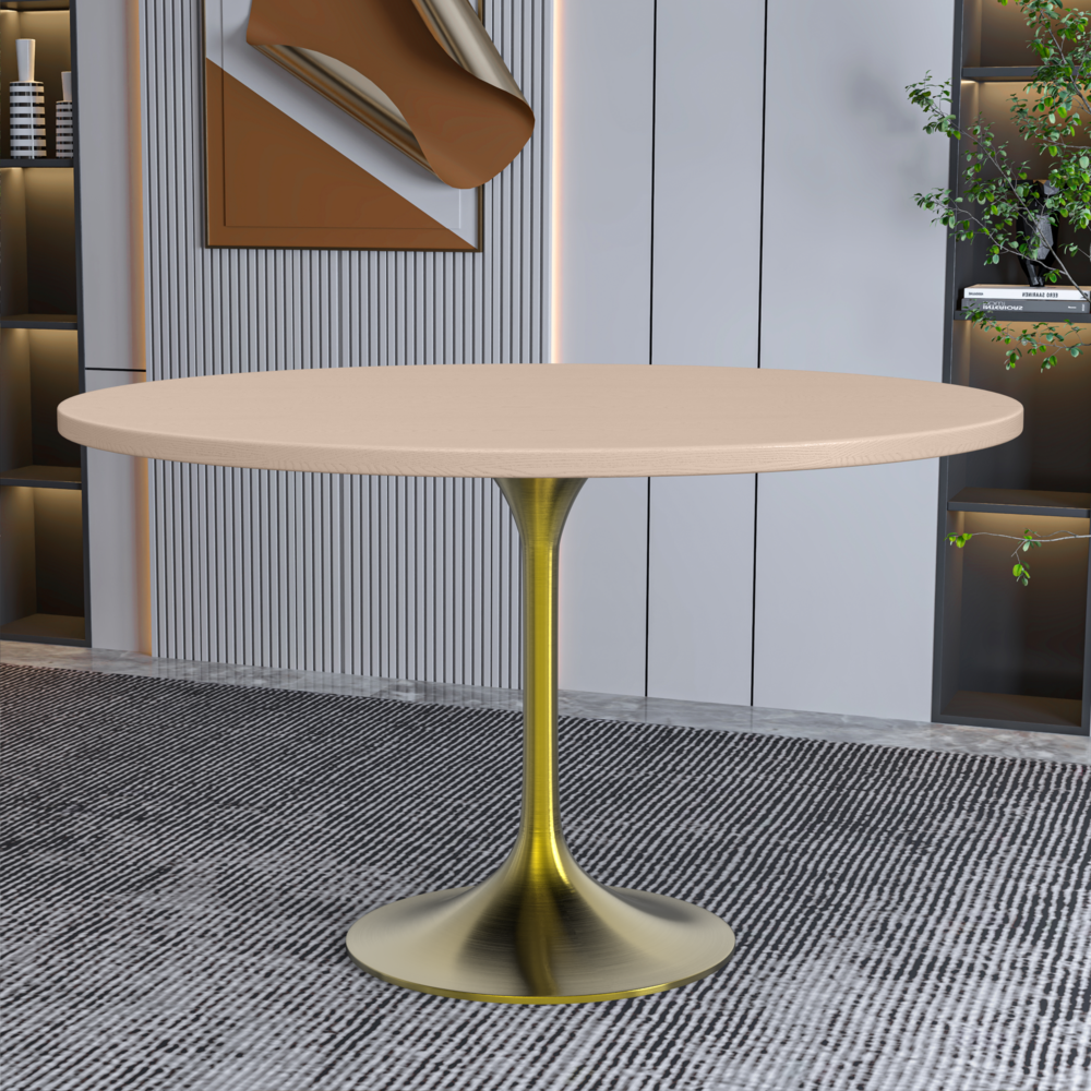 Verve 48" Round Dining Table, Brushed Gold Base with Light Natural Wood MDF Top. Picture 6