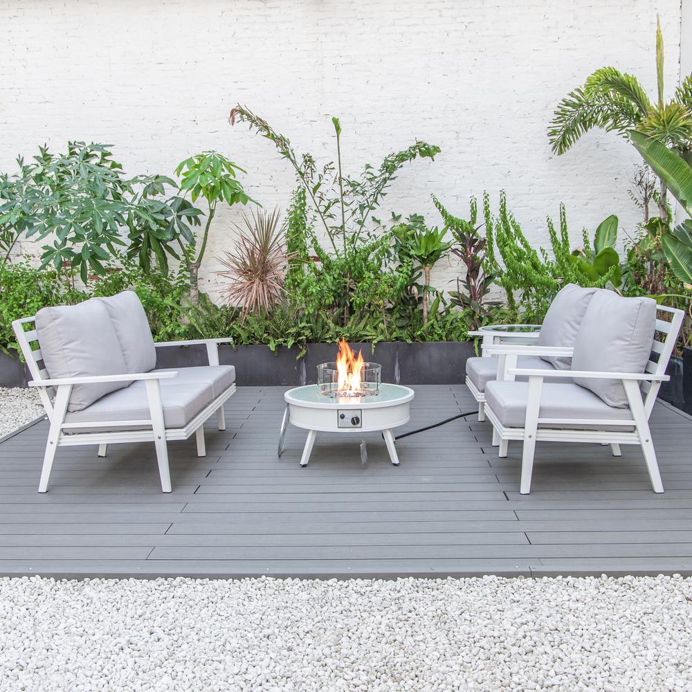 LeisureMod Walbrooke Modern White Patio Conversation With Round Fire Pit & Tank Holder, Light Grey. Picture 6