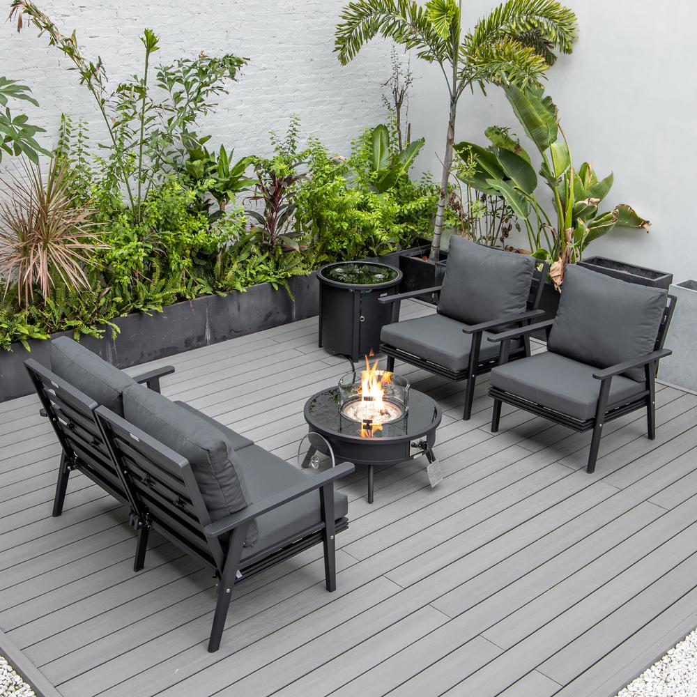 LeisureMod Walbrooke Modern Black Patio Conversation With Round Fire Pit & Tank Holder, Charcoal. Picture 4