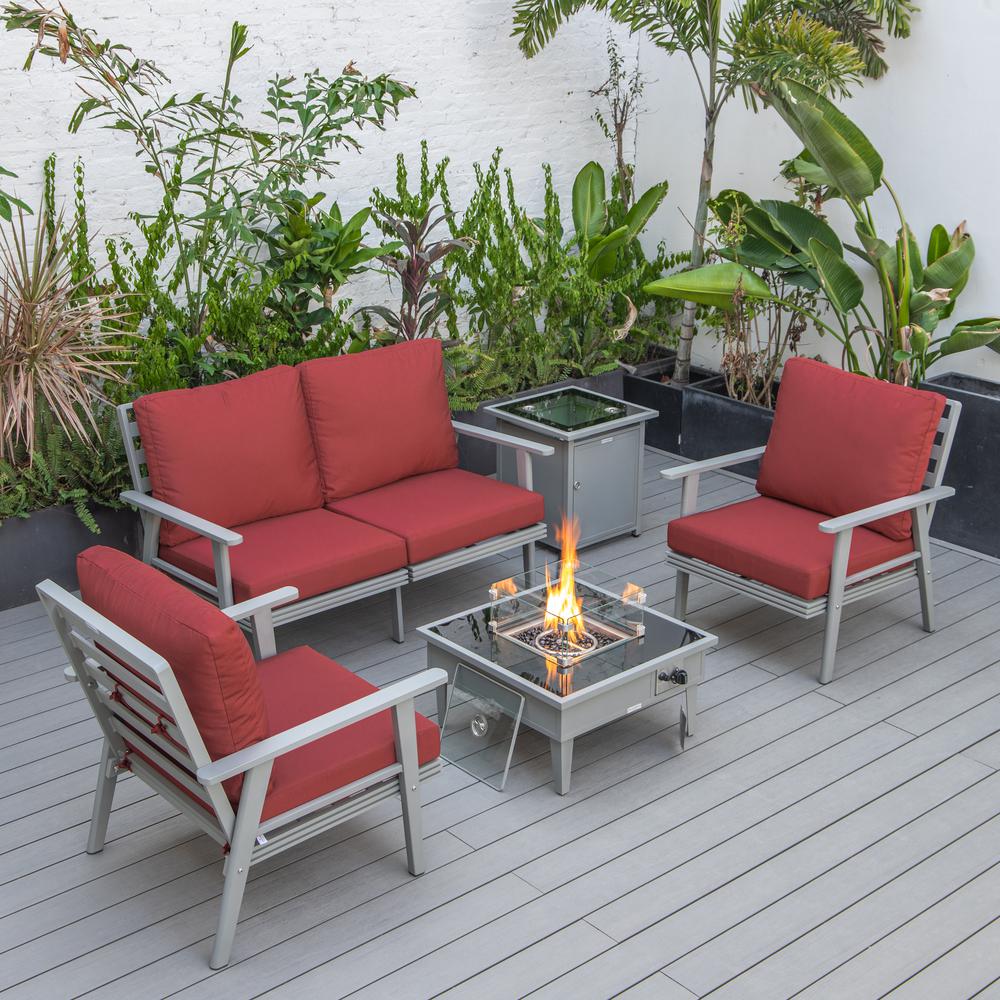 LeisureMod Walbrooke Modern Grey Patio Conversation With Square Fire Pit & Tank Holder, Red. Picture 1