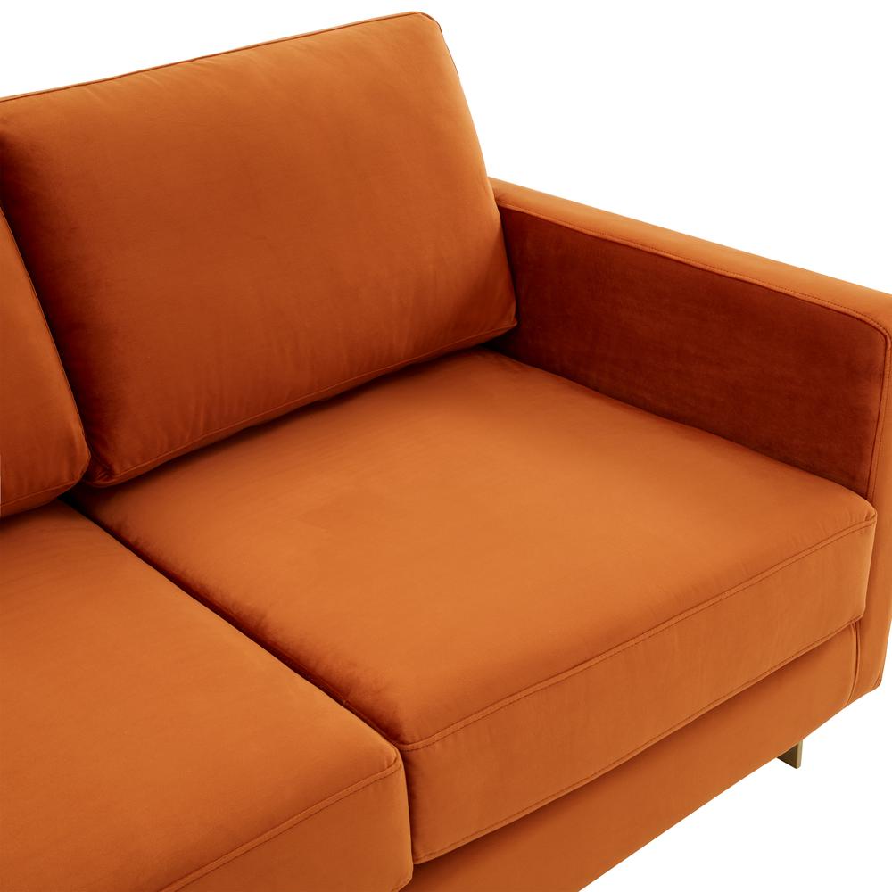 LeisureMod Lincoln Modern Mid-Century Upholstered Velvet Loveseat with Gold Frame, Orange Marmalade. Picture 6