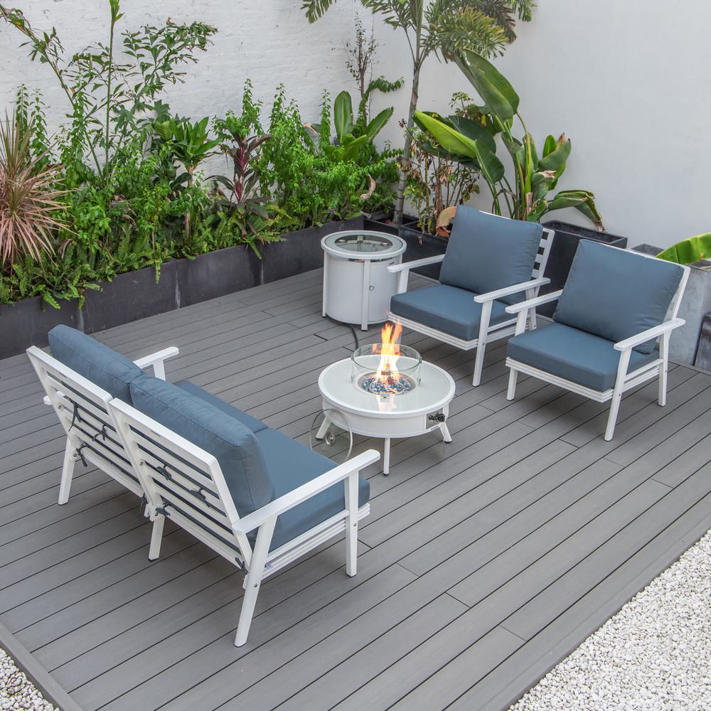 LeisureMod Walbrooke Modern White Patio Conversation With Round Fire Pit & Tank Holder, Navy Blue. Picture 9