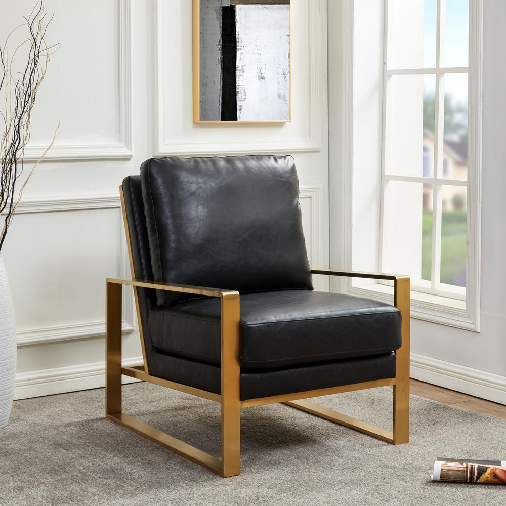 LeisureMod Jefferson Leather Modern Design Accent Armchair With Elegant Gold Frame, Black. Picture 2