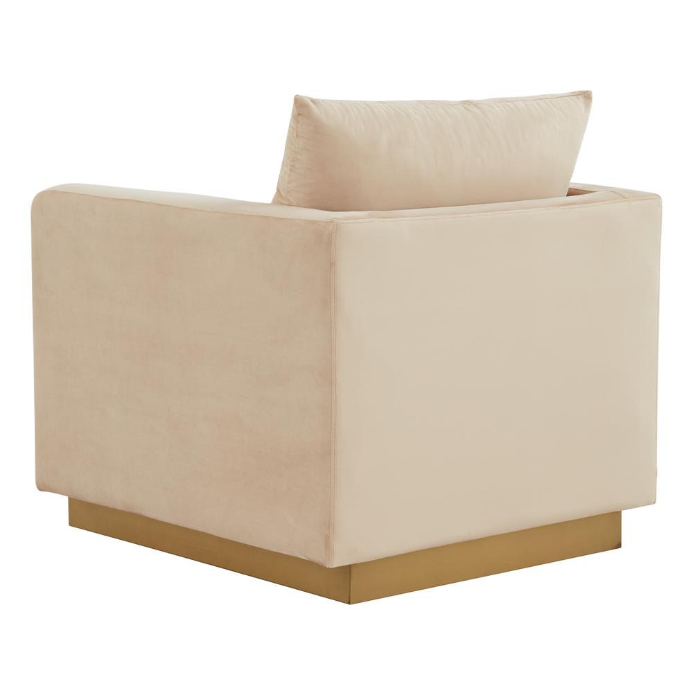 LeisureMod Nervo Velvet Accent Armchair With Gold Frame, Beige. Picture 5