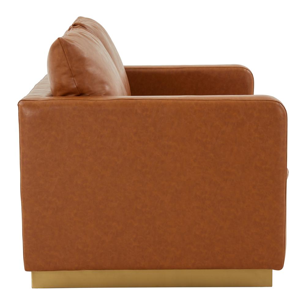 LeisureMod Nervo Modern Mid-Century Upholstered Leather Loveseat with Gold Frame, Cognac Tan. Picture 4