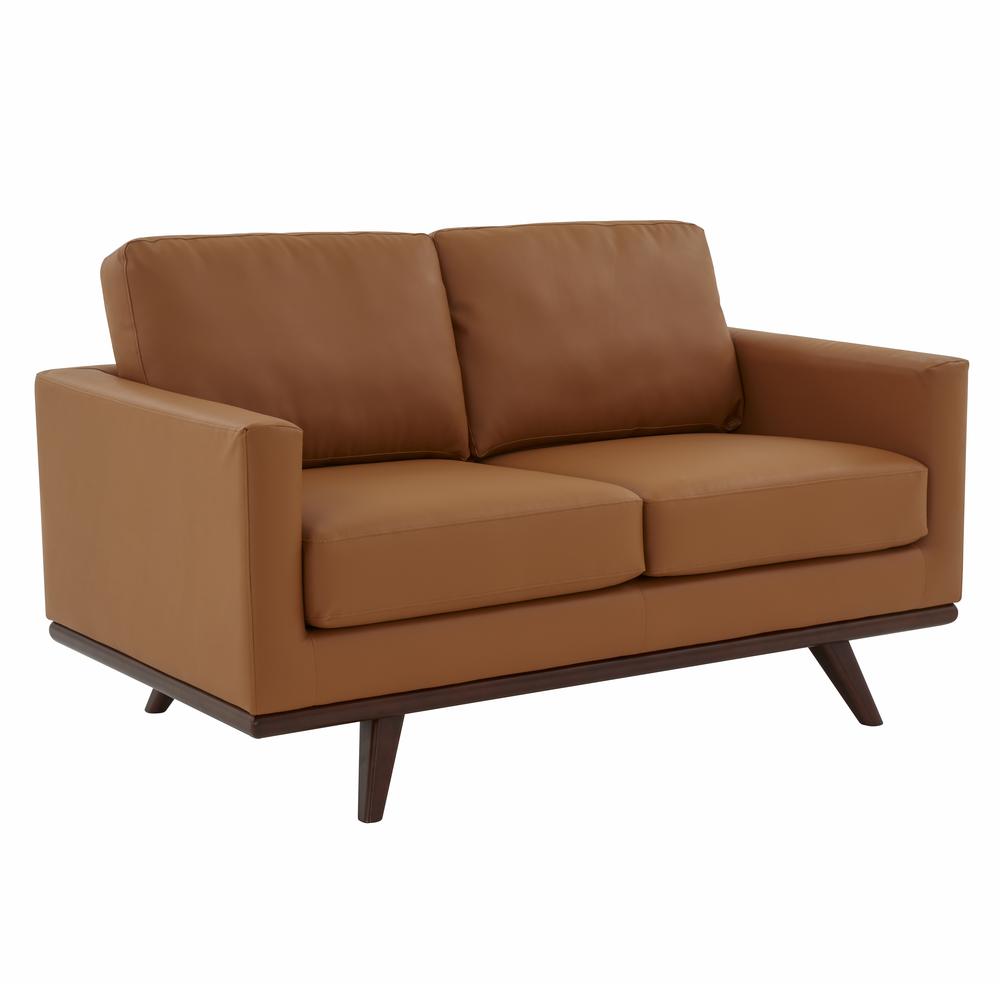 LeisureMod Chester Modern Leather Loveseat With Birch Wood Base, Cognac Tan. Picture 1