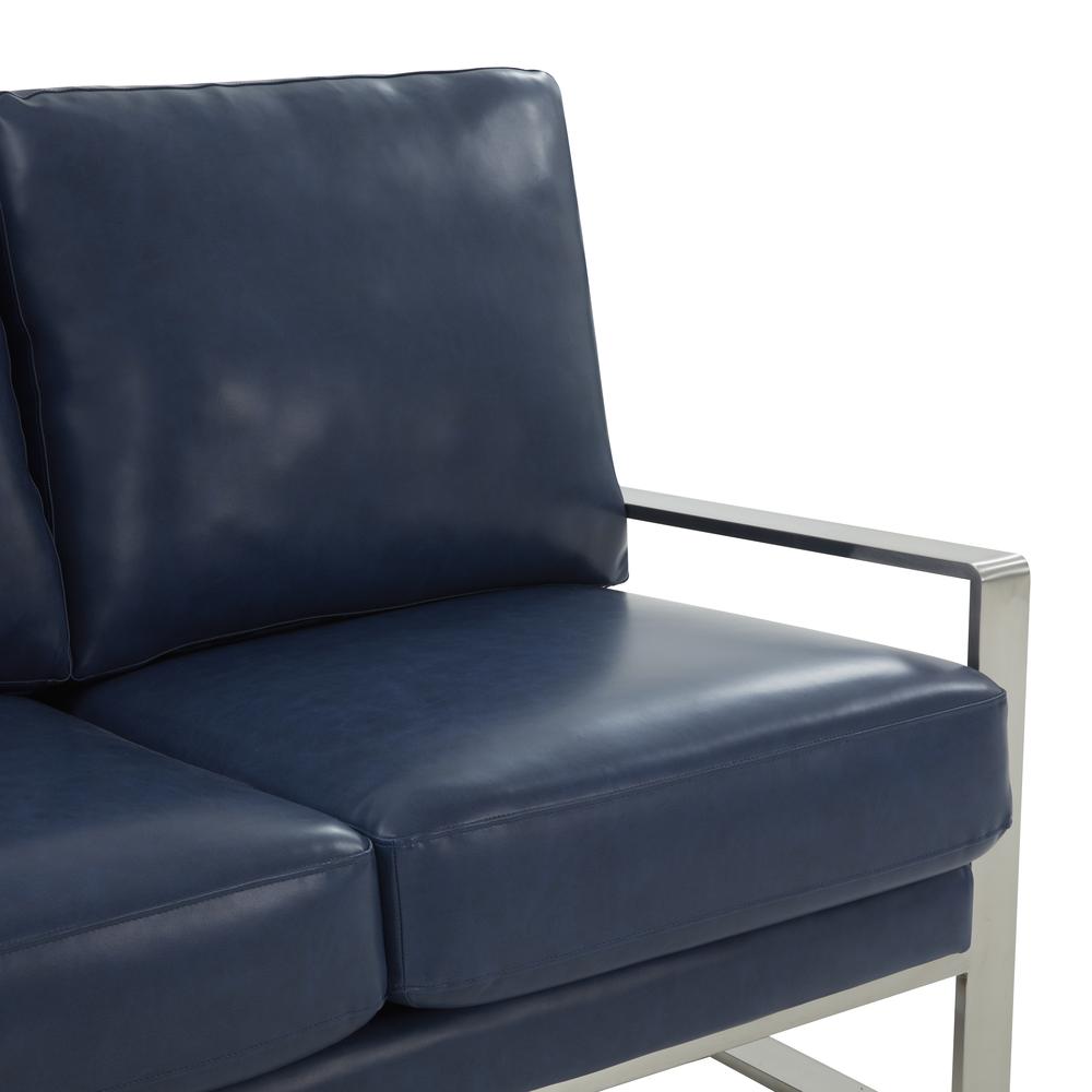 Leisuremod Jefferson Contemporary Modern Faux Leather Loveseat With Silver Frame, Navy Blue. Picture 7