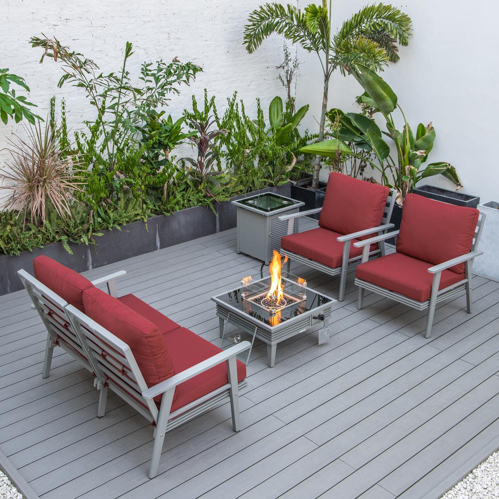 LeisureMod Walbrooke Modern Grey Patio Conversation With Square Fire Pit With Slats Design & Tank Holder, Red. Picture 6