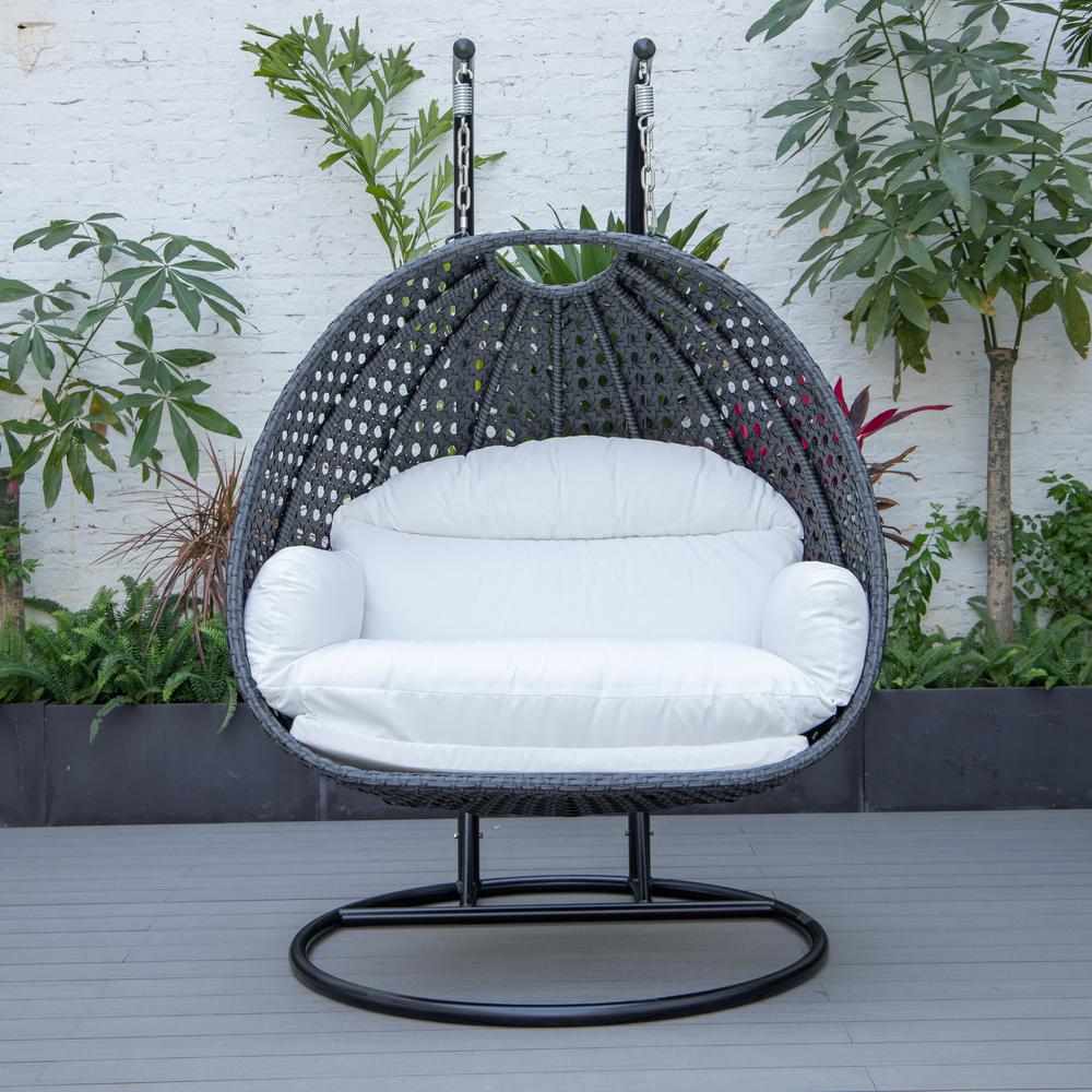 LeisureMod MendozaWicker Hanging 2 person Egg Swing Chair in White. Picture 3
