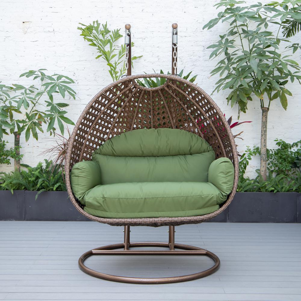 LeisureMod Wicker Hanging 2 person Egg Swing Chair , Dark Green. Picture 4