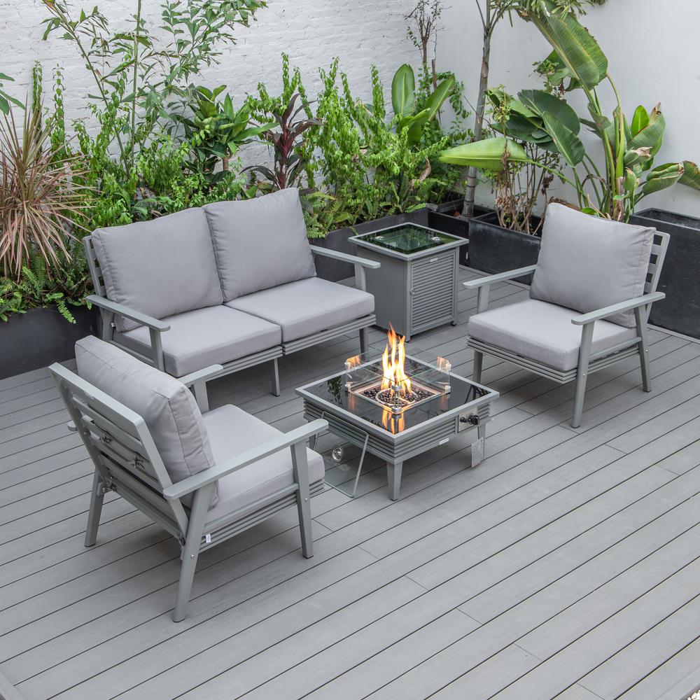 LeisureMod Walbrooke Modern Grey Patio Conversation With Square Fire Pit With Slats Design & Tank Holder, Grey. Picture 1