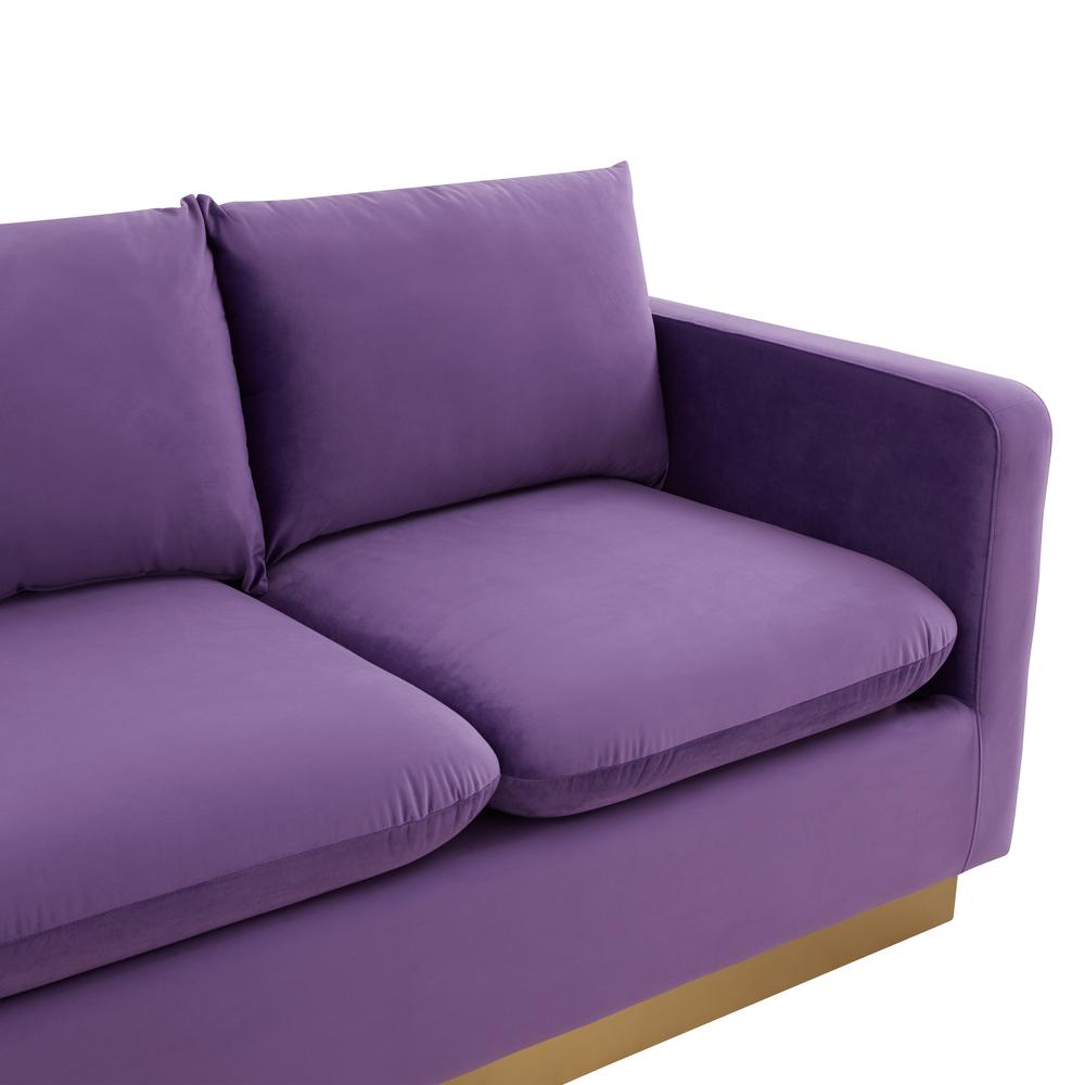 LeisureMod Nervo Modern Mid-Century Upholstered Velvet Sofa with Gold Frame, Purple. Picture 5