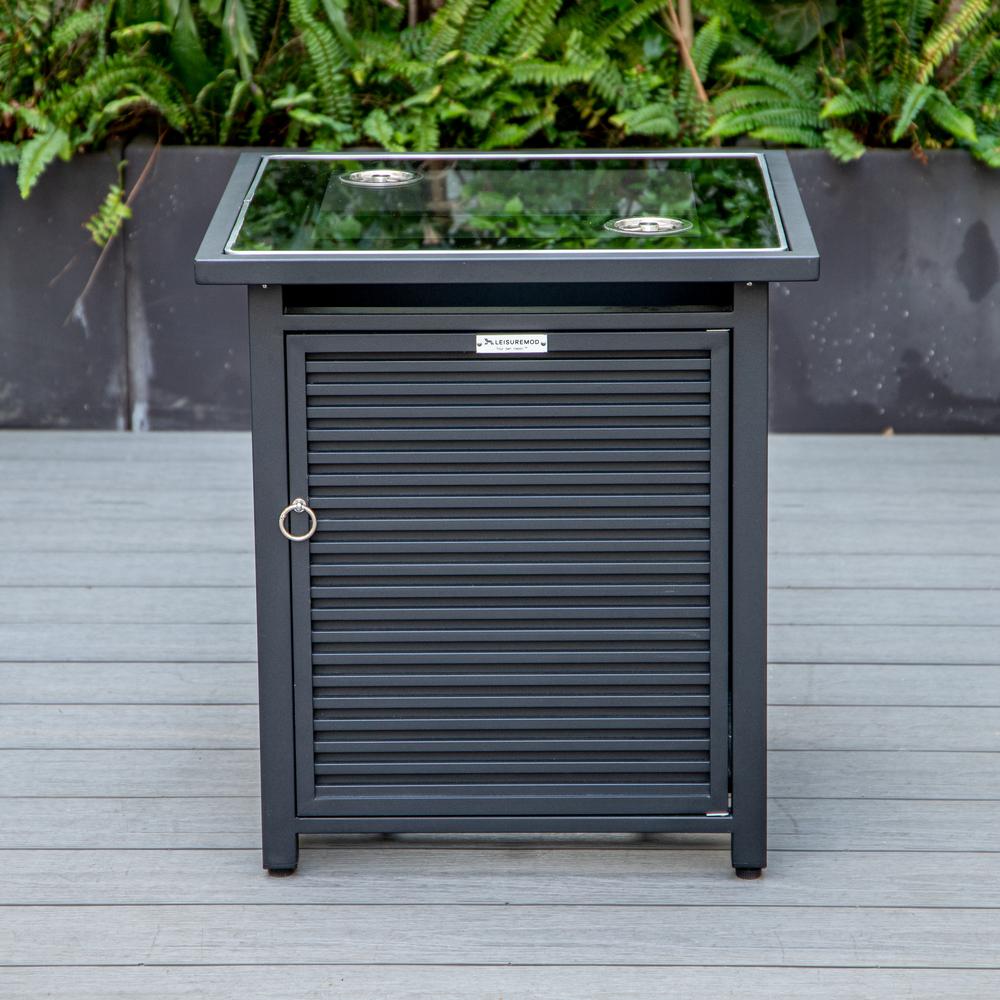 LeisureMod Walbrooke Modern Black Patio Conversation With Square Fire Pit With Slats Design & Tank Holder, Grey. Picture 7