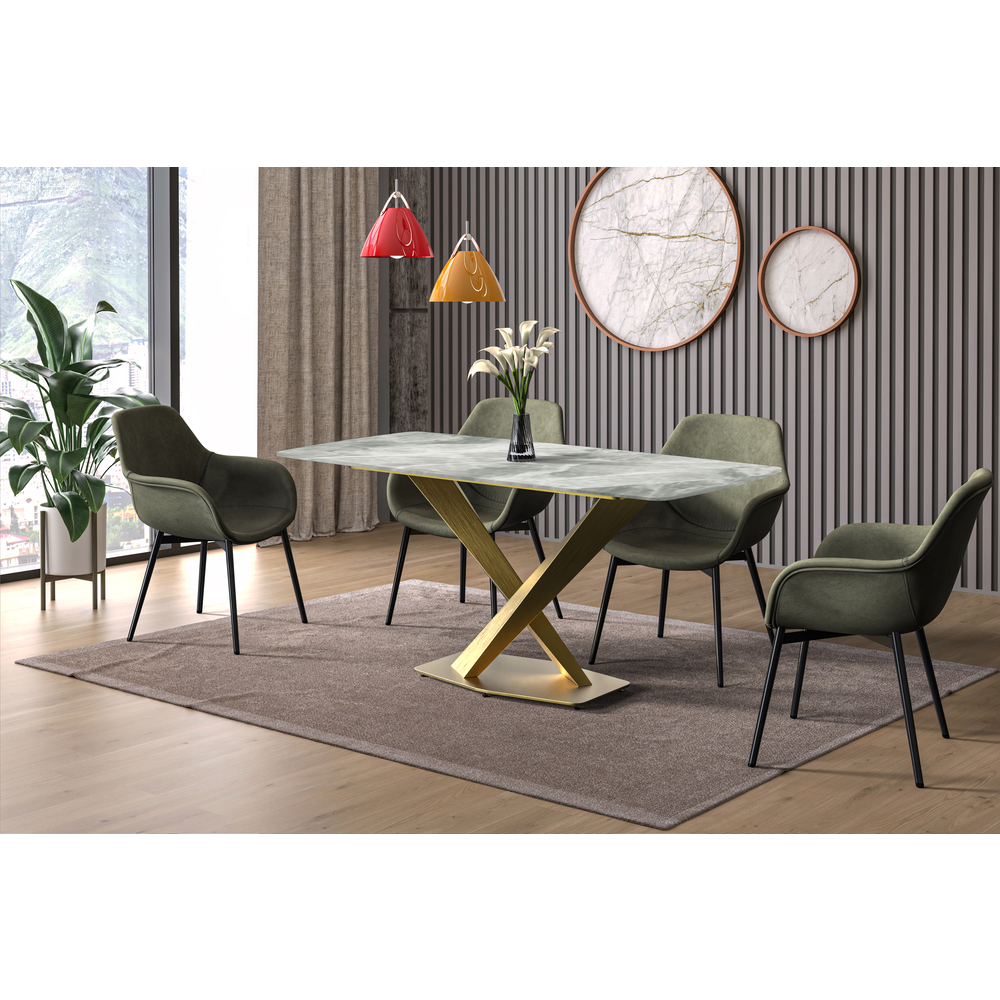 Modern Dining Table Gold Base, With 55" Light Grey Sintered Stone Top. Picture 5