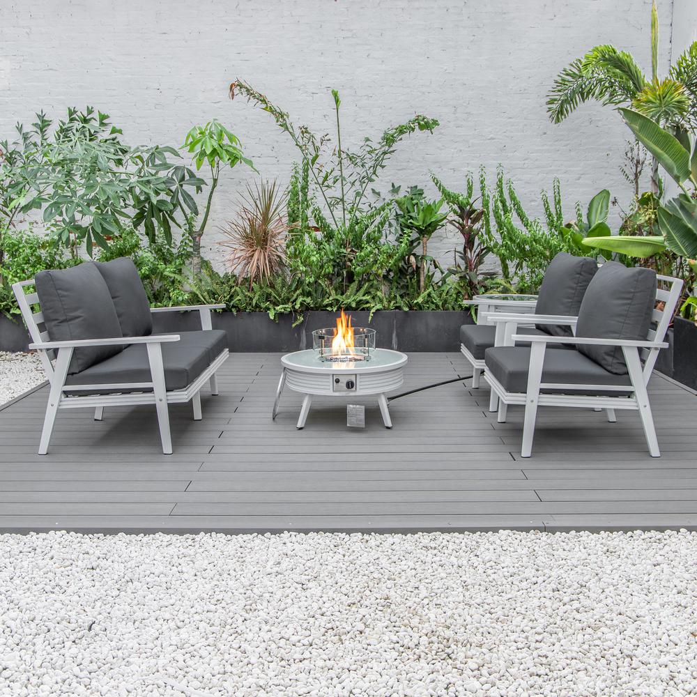 LeisureMod Walbrooke Modern White Patio Conversation With Round Fire Pit With Slats Design & Tank Holder, Charcoal. Picture 9