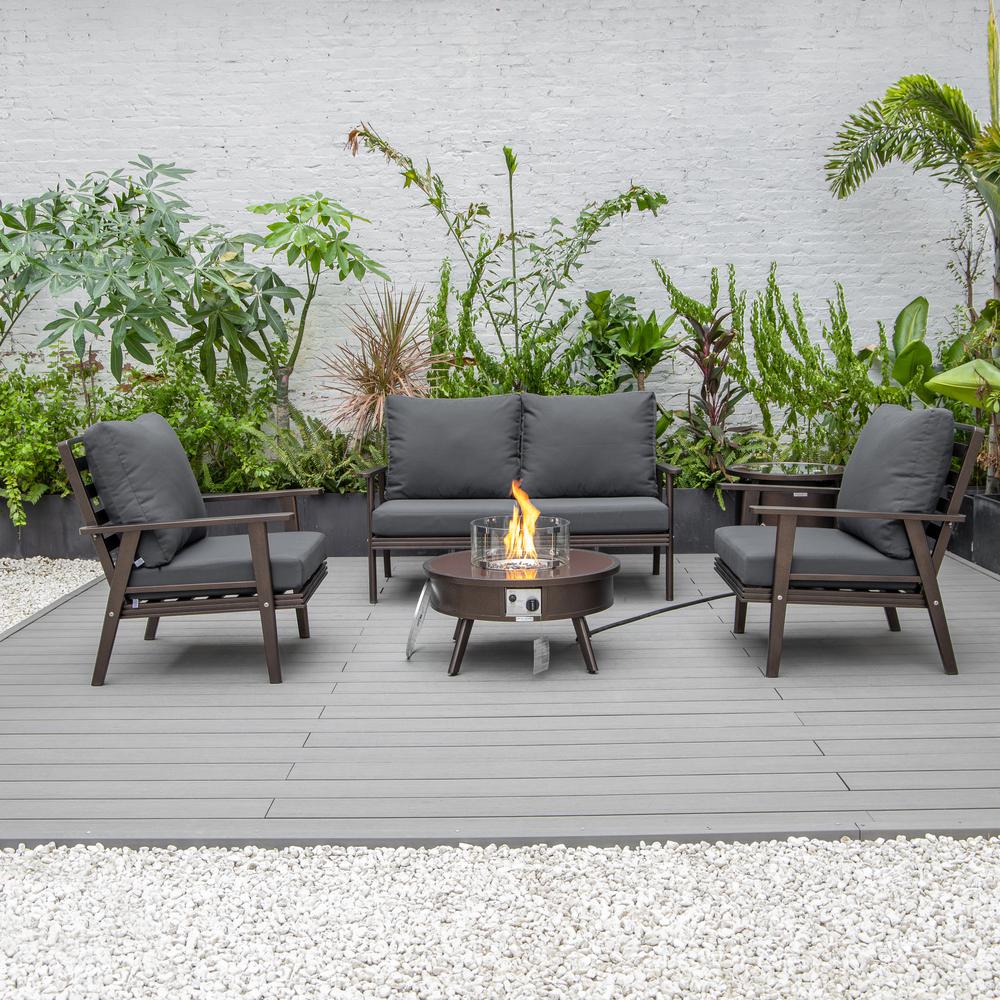 LeisureMod Walbrooke Modern Brown Patio Conversation With Round Fire Pit & Tank Holder, Charcoal. Picture 9