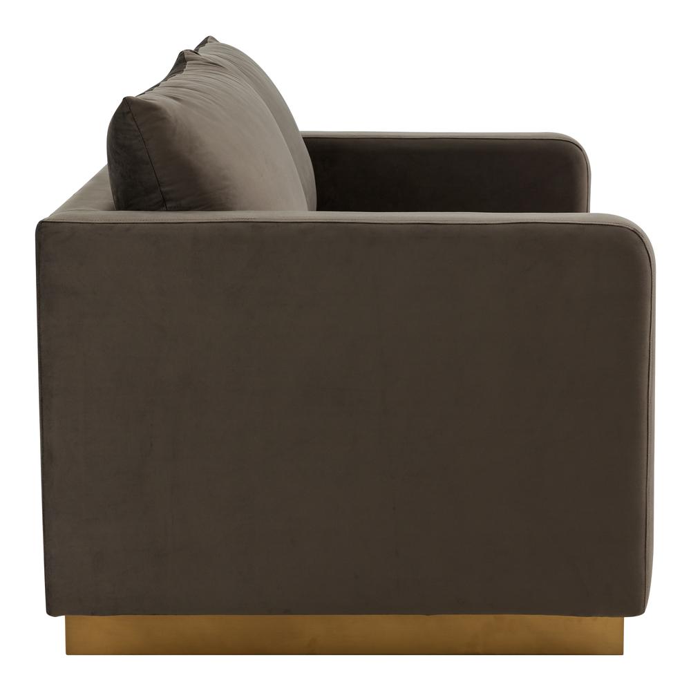 LeisureMod Nervo Modern Mid-Century Upholstered Velvet Loveseat with Gold Frame, Dark Grey. Picture 4