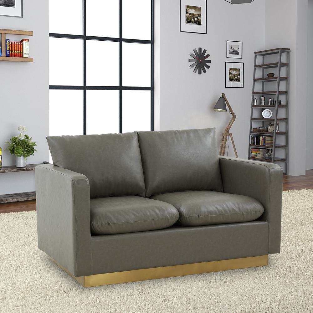 LeisureMod Nervo Modern Mid-Century Upholstered Leather Loveseat with Gold Frame, Grey. Picture 6