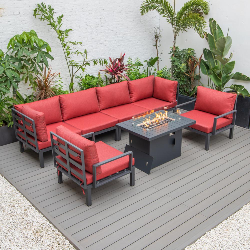 LeisureMod Hamilton 7-Piece Aluminum Patio Conversation Set With Fire Pit Table And Cushions Red. Picture 3