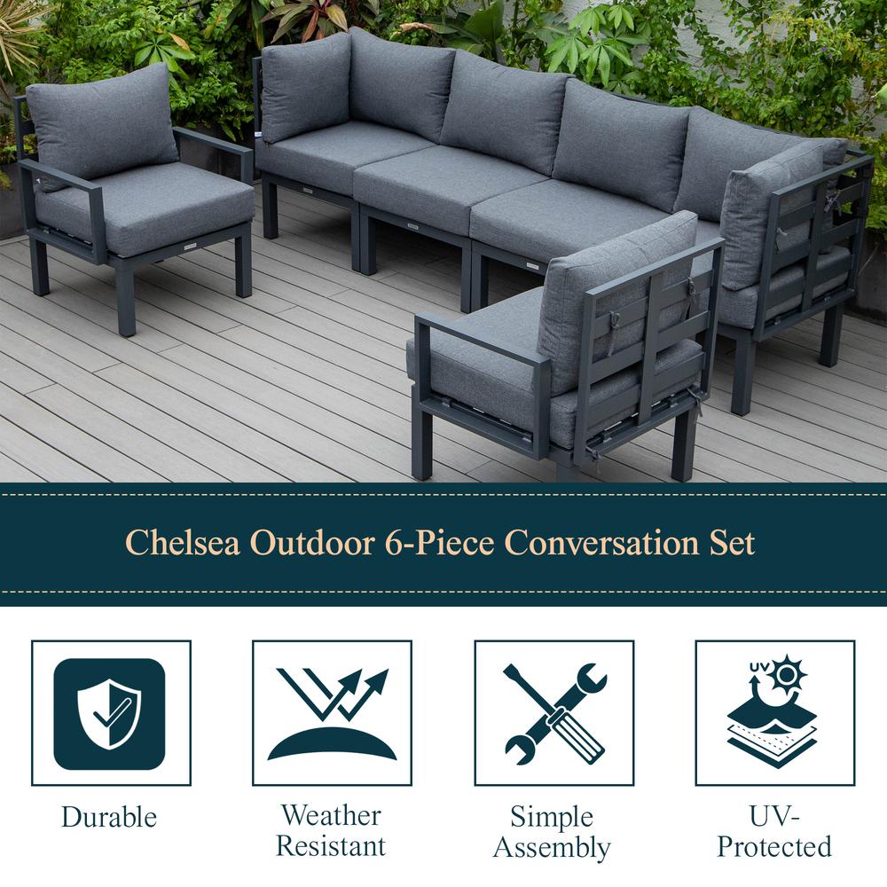 LeisureMod Chelsea 6-Piece Patio Sectional Black Aluminum With Cushions in Black. Picture 32