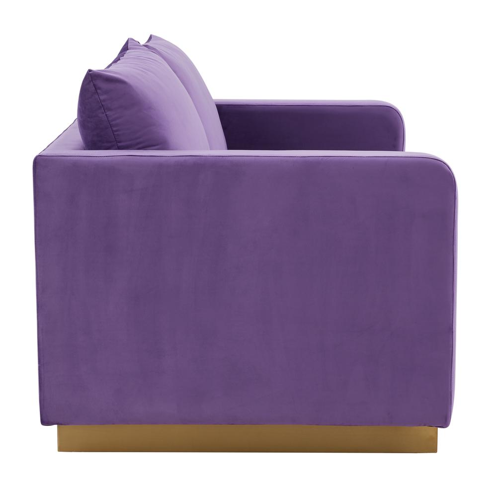 LeisureMod Nervo Modern Mid-Century Upholstered Velvet Loveseat with Gold Frame, Purple. Picture 4