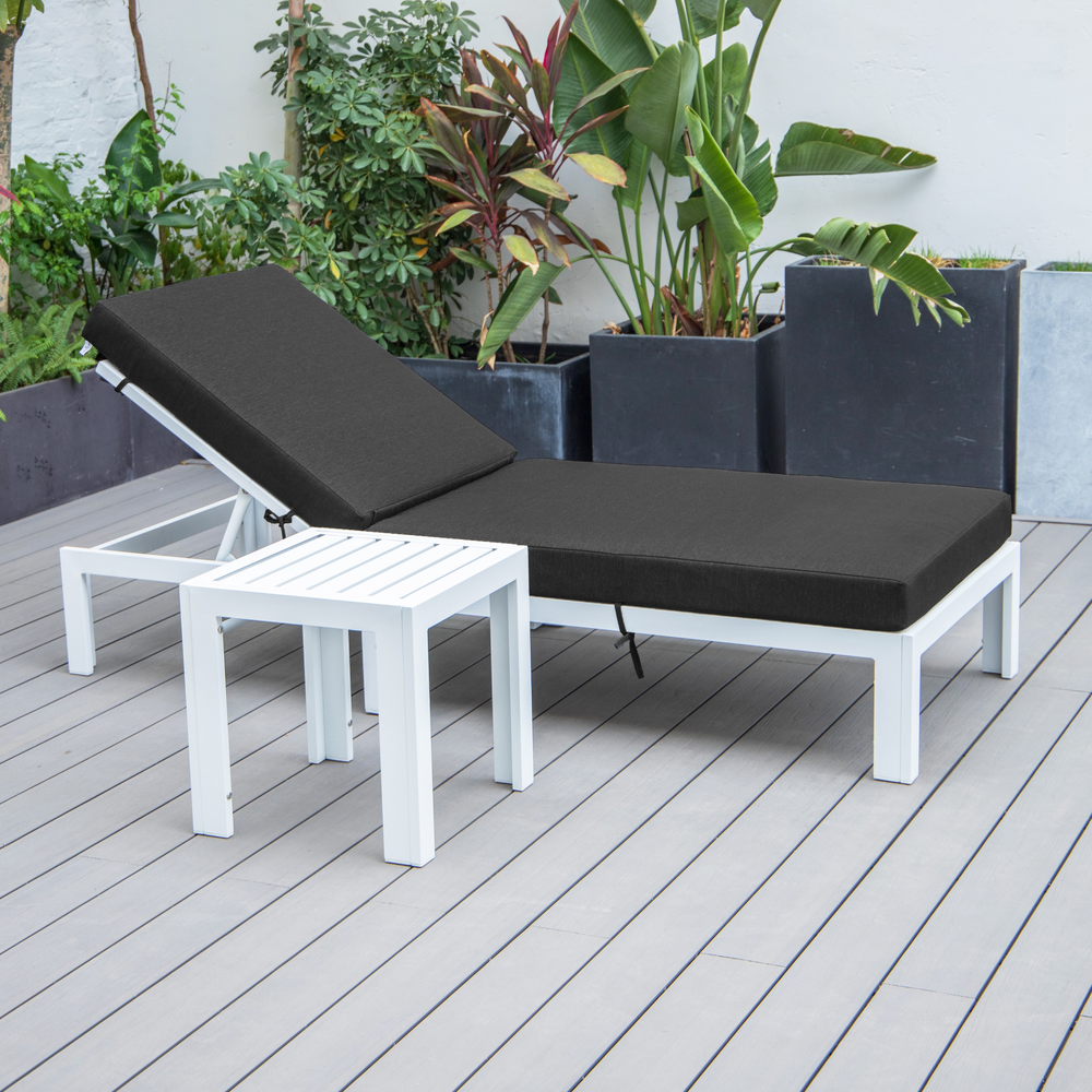 Chelsea Modern Outdoor White Chaise Lounge Chair With Side Table & Cushions. Picture 4