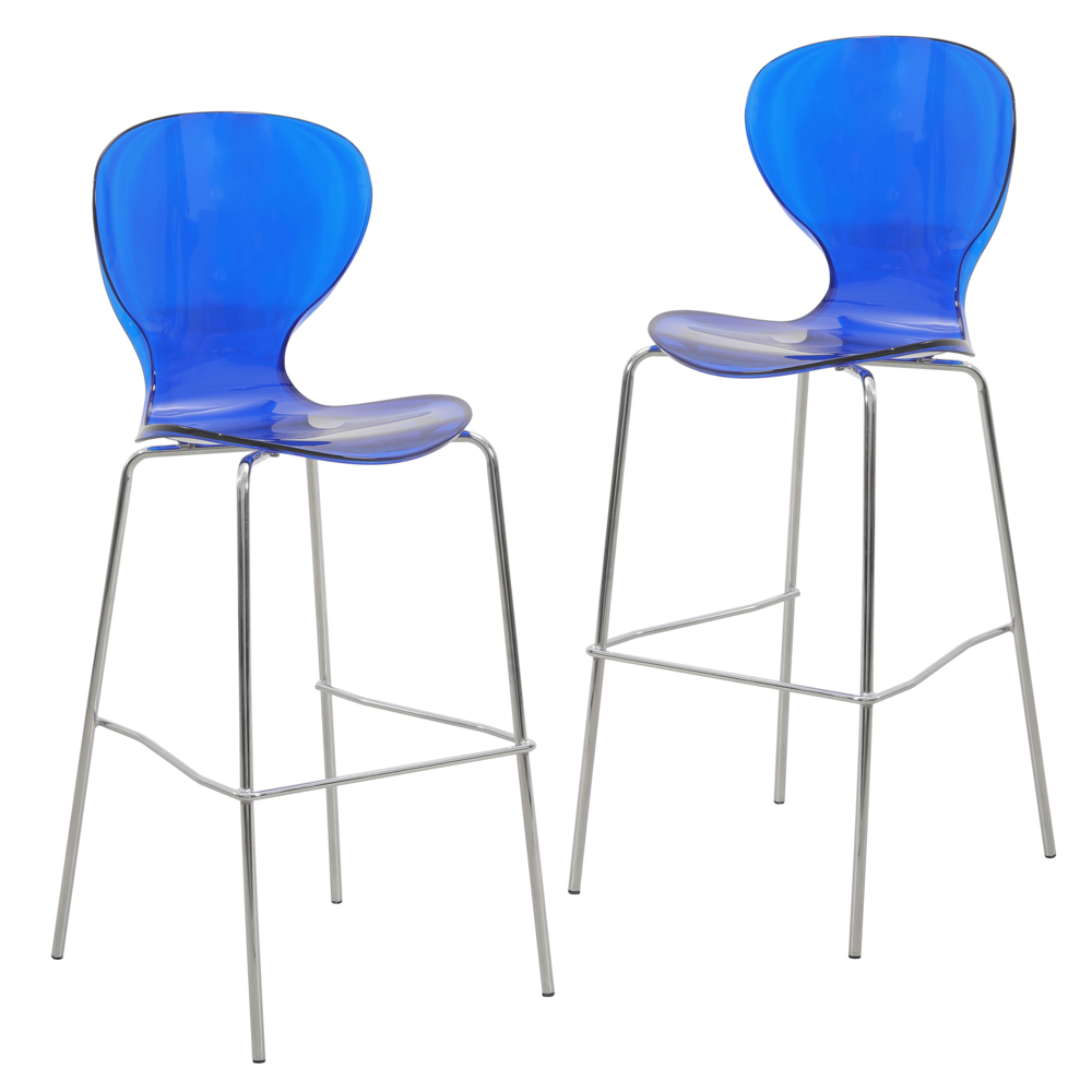 Acrylic Barstool with Steel Frame in Chrome Finish Set of 2 in Transparent Blue. Picture 2