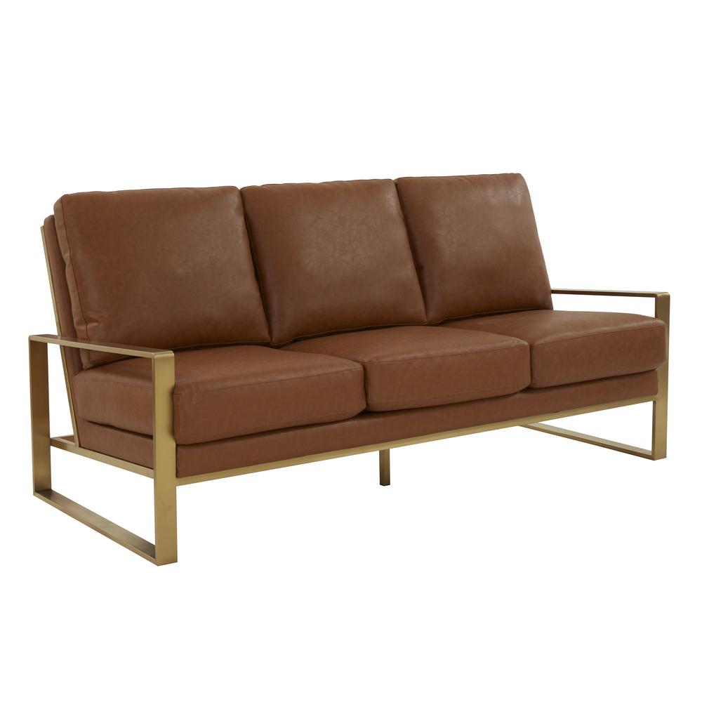 LeisureMod Jefferson Modern Design Leather Sofa With Gold Frame, Cognac Tan. Picture 1