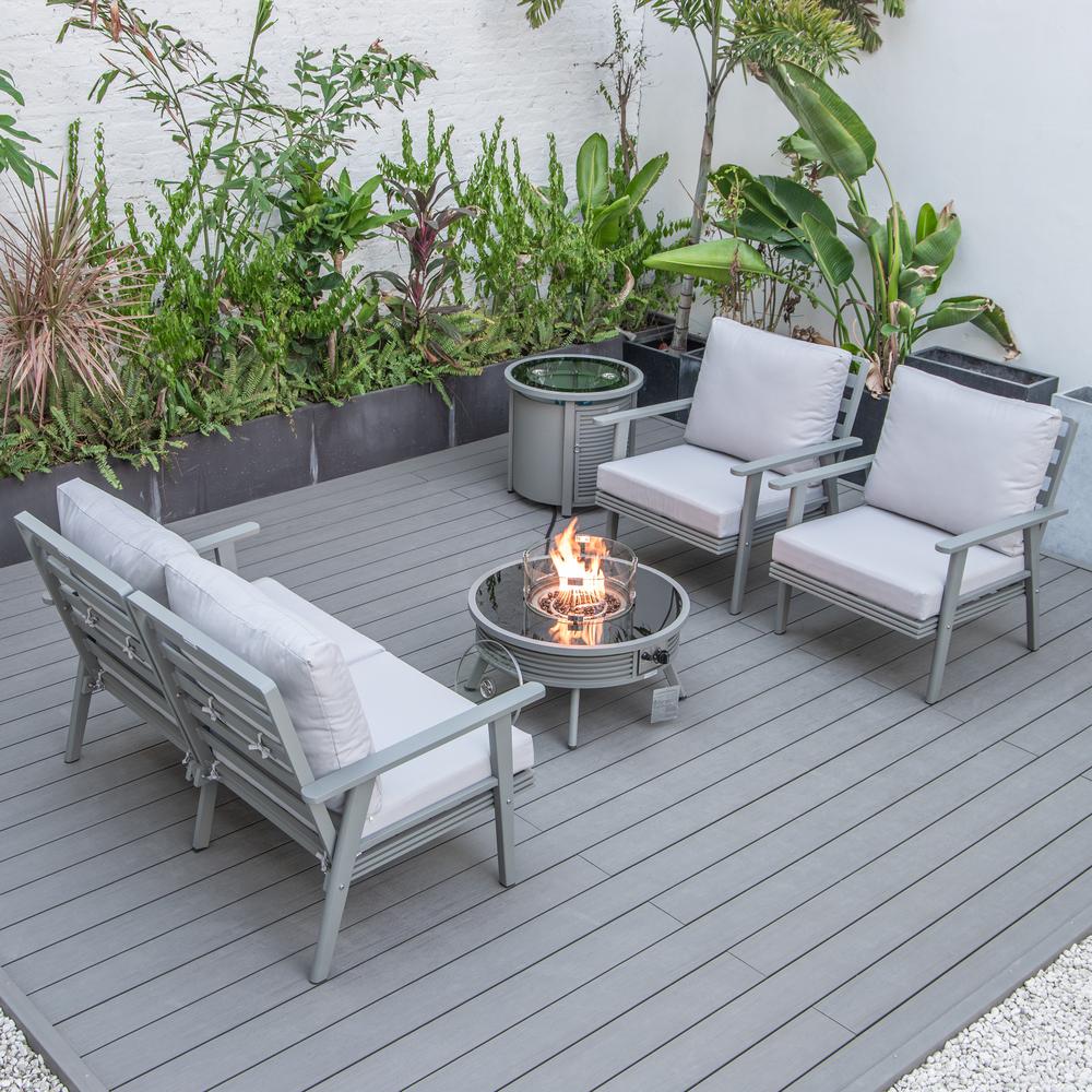 LeisureMod Walbrooke Modern Grey Patio Conversation With Round Fire Pit With Slats Design & Tank Holder, Light Grey. Picture 6