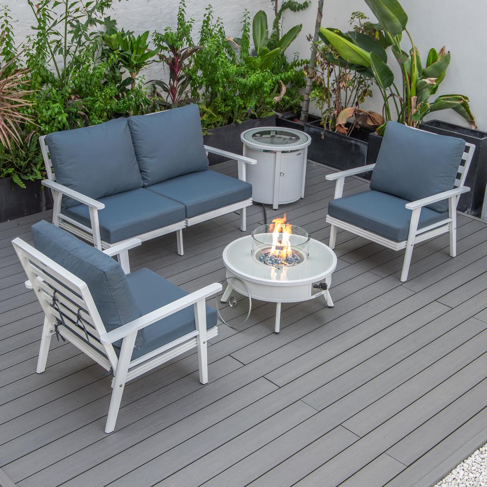 LeisureMod Walbrooke Modern White Patio Conversation With Round Fire Pit & Tank Holder, Navy Blue. Picture 1