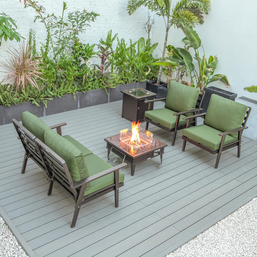 LeisureMod Walbrooke Modern Brown Patio Conversation With Square Fire Pit With Slats Design & Tank Holder, Green. Picture 7