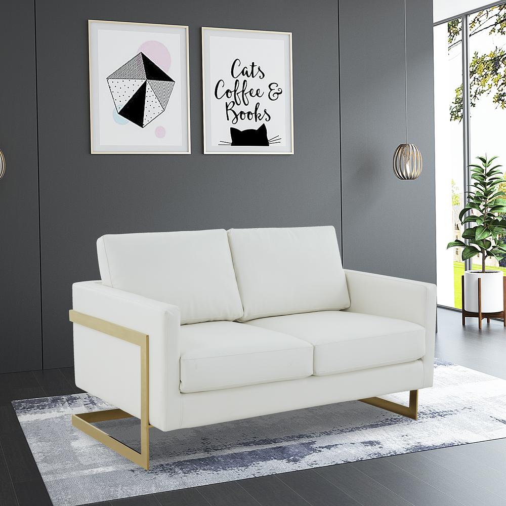 LeisureMod Lincoln Modern Mid-Century Upholstered Leather Loveseat with Gold Frame, White. Picture 6
