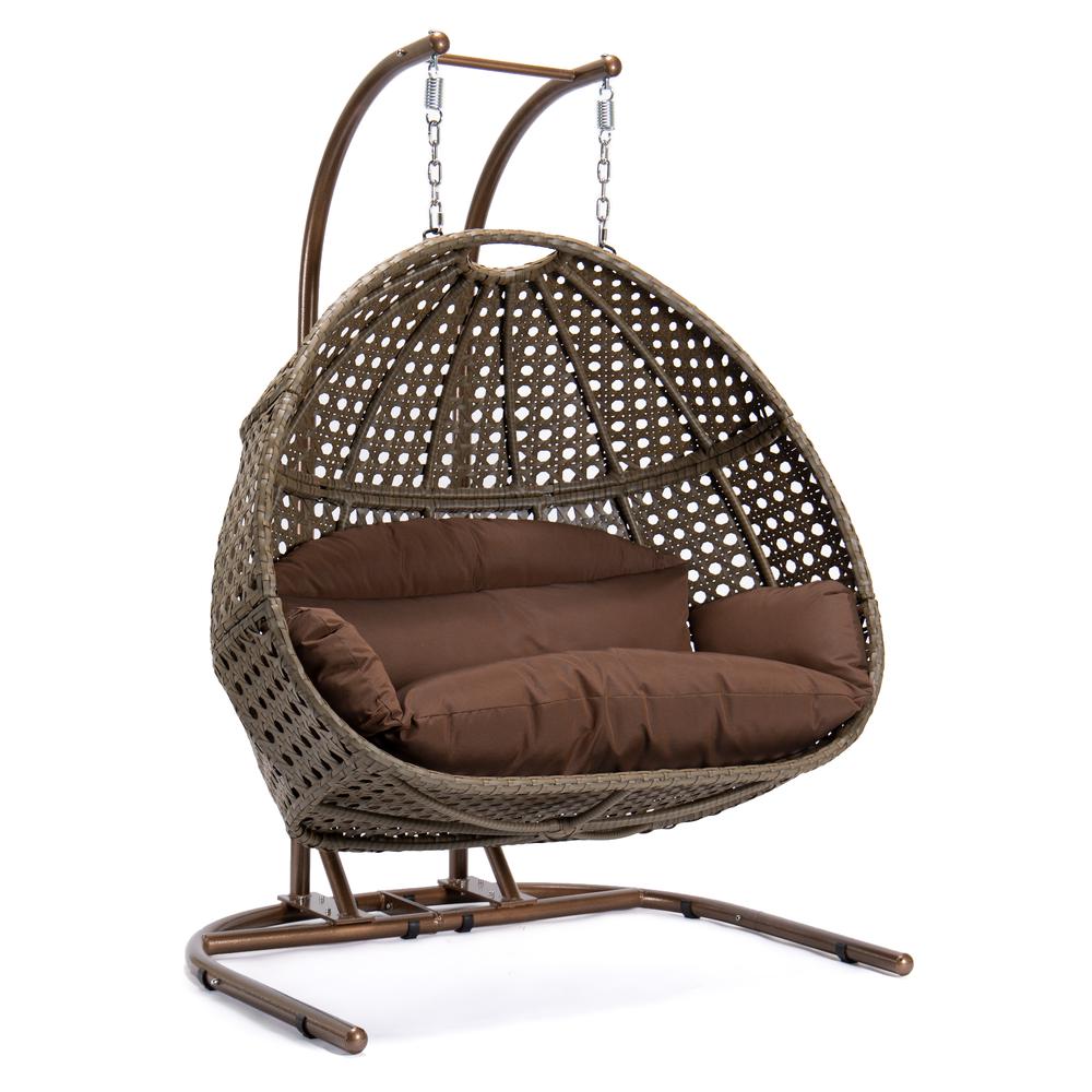 LeisureMod Wicker Hanging Double Egg Swing Chair, Dark Brown. Picture 4